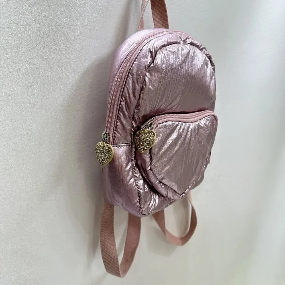 More Than Magic Backpack Kids Pale Pink Iridescent Metallic Heart Pocket Straps